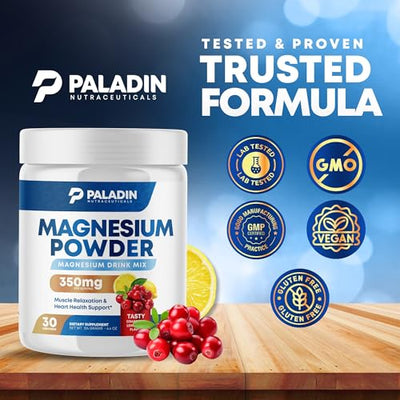 Paladin Nutraceuticals Magnesium Powder - Anti-Stress Drink Mix for Calm & Regularity - Magnesium Citrate Supplement - Relaxation, Muscle & Heart Support - Cranberry Lemonade Flavor - 30 Servings