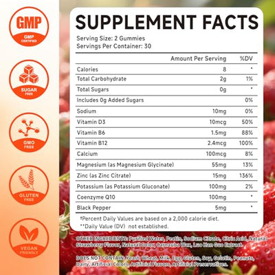 Potassium Magnesium Gummies, High Absorption Magnesium Glycinate, Magnesium Potassium Supplement with Vitamin B6 D3 B12 for Leg Cramps & Muscle Health, Sugar-Free Strawberry Flavor 60 Count