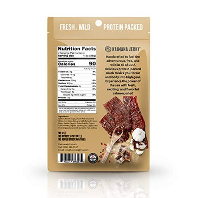 Kaimana Jerky Wild Caught Salmon Jerky - Organic Gourmet Smoked Dried Fish Strips Rich in Omega-3 & Protein - Low-Calorie Snack with No Gluten, Less Sodium & Sugar - Original Flavor - 2oz Pack