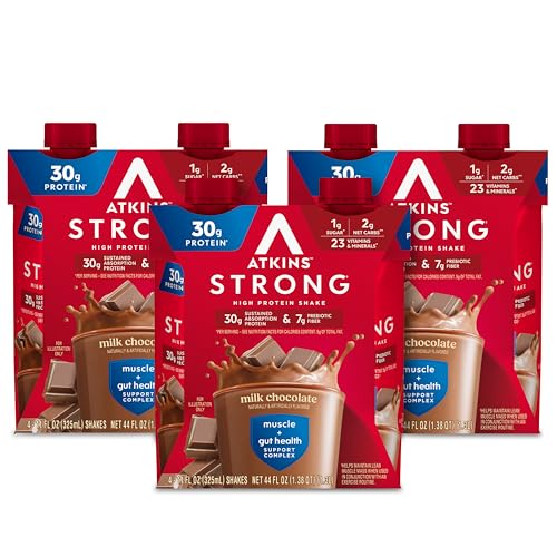 Atkins Strong High Protein Shake, Milk Chocolate Flavored, 30g Protein, Low Carb and Low Sugar Shake, Keto Friendly, Gluten Free Ready to Drink Shake, Muscle and Gut Health Support Complex, 12 Count