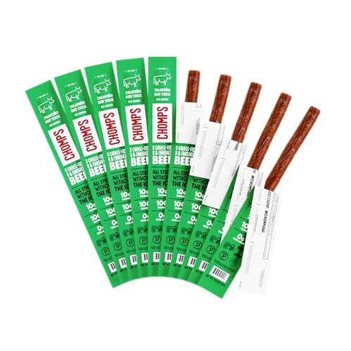 Chomps Grass-Fed and Finished Jalapeño Beef Jerky Snack Sticks 10-Pack - Keto, Paleo, Whole30, 10g Lean Meat Protein, Gluten-Free, Zero Sugar Food, Non-GMO