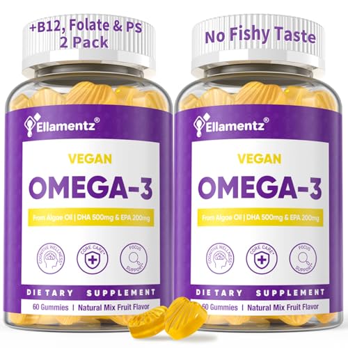 Vegan Omega 3 Gummies 900mg (500mg DHA, 200mg EPA) for Adults - Sugar-Free Fish Oil Alternative with B12, Folate, PS, D3 & Choline for Brain, Eye & Immune Health, 120Counts