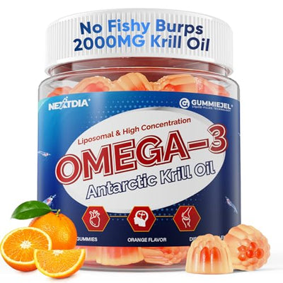 Liposomal Antarctic Krill Oil Omega 3 Gummies 2000mg - Cellular Level Absorption Omega-3 with EPA, DHA & Astaxanthin - Antioxidant & Brain Support - Fish Oil Supplements Alternative - 60 Count