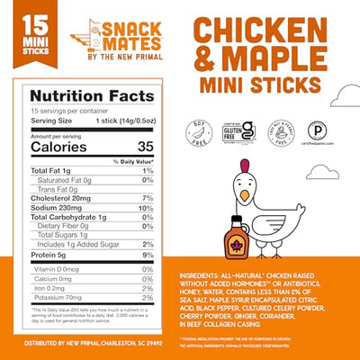 The New Primal Snack Mates Chicken & Maple Sticks, Gluten Free Healthy Snacks for Kids, Low Sugar High Protein Back to School Snacks, Mini Paleo Jerky Meat Stick, 5g Protein, 35 Calories, 15 Pack