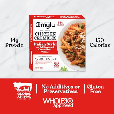 Amylu Foods Italian Style Chicken Crumbles, Natural Ingredients, 14g of Protein, GAP Certified Chicken Raised with No Antibiotics, Fully Cooked, Gluten-Free, Pork-Free, No Nitrates or Nitrites, 12 oz