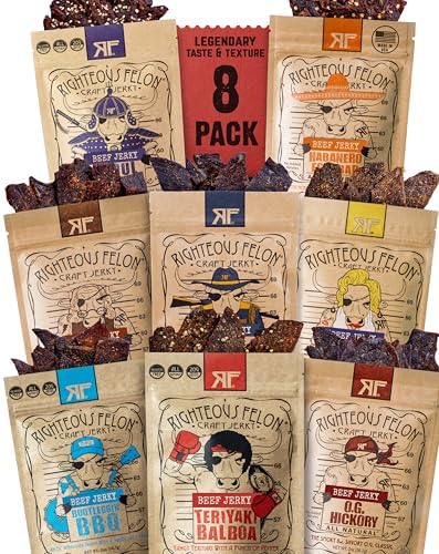 Righteous Felon Beef Jerky Variety Pack | Gluten Free Beef Jerky Snack Packs for Adults | High Protein, Keto-Friendly, Low Sugar | Made with Premium Meats | Beef Jerky Gifts for Men | Sampler 8 Pack