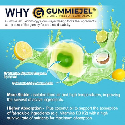 Methylated Multivitamin for Men Gummies, BCAA Amino Acids, Zinc, Daily Vitamin A C D3 E K2 B Complex, Calcium, Magnesium, Lycopene, Digestive Enzymes - Energy, Immune, Muscle- Sugar Free, Vegan, 60Cts