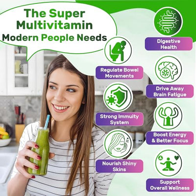 Super Greens Multivitamin Gummies, Daily Greens Superfood Gummies w/Spirulina, Chlorella, Multivitamins, Prebiotic Fiber, Adaptogens, Support Digestive & Gut Health, Immunity, Focus & Energy, 120Cts