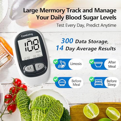 CareLiving MM1100 Blood Glucose Monitor Kit with 100 Test Strips, 100 Lancets, 1 Blood Glucose Meter, 1 Lancing Device, Diabetes Testing Kit, Portable Blood Sugar Test Kit, Glucometer Kit for Home