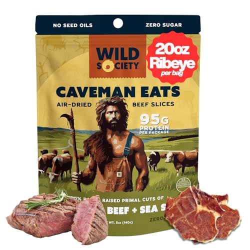 Wild Society - Caveman Eats - Grass Fed Ribeye Steak Slices - 95g Protein - Only Steak & Salt - 2 Ingredients - Air dried Beef Jerky Carnivore Snacks Crisps - Sugar Free, Gluten Free, Keto, Paleo (5oz)