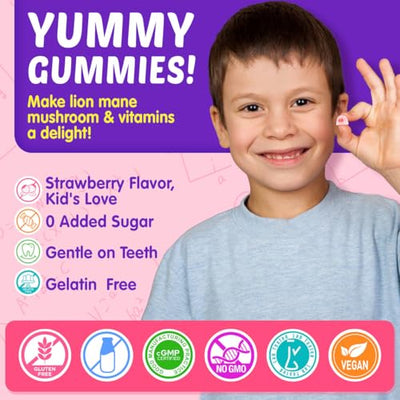 Kids Brain Gummies with Lion's Mane Mushroom, Methyl B6, B9, B12, Super Greens, Lutein, Brain Booster Supplement for Focus & Attention, Cognitive Function, Vision & Energy, Sugar Free, Vegan 60 Count