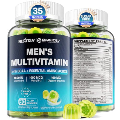 Methylated Multivitamin for Men Gummies, BCAA Amino Acids, Zinc, Daily Vitamin A C D3 E K2 B Complex, Calcium, Magnesium, Lycopene, Digestive Enzymes - Energy, Immune, Muscle- Sugar Free, Vegan, 60Cts