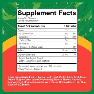 SmartyPants Kids Fiber & Veggies: Prebiotic Fiber Gummies for Kids, Fiber Supplement with Inulin, Organic Green Veggie Blend, Vegan, Gluten Free, Mixed Berry Flavor, 60 Count (30 Day Supply)