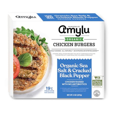 Amylu Foods Organic Sea Salt & Cracked Black Pepper Chicken Burger, Natural Ingredients,19g of Protein, Chicken Raised with No Antibiotics, Fully Cooked, Dairy-Free, Gluten-Free, Pork-Free, Whole30, No Nitrates or Nitrites, 8 oz