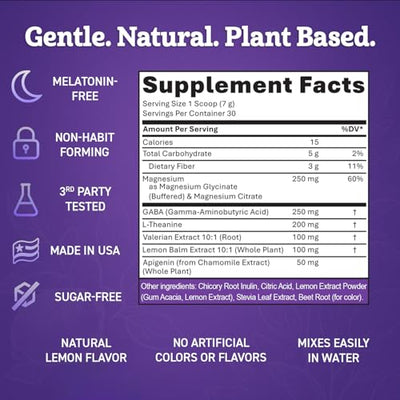 Magnesium Glycinate Powder for Sleep - Magnesium Sleep Aid Without Melatonin - Natural Sleep Drink Mix with GABA, L-Theanine, Apigenin, Valerian & Lemon Balm