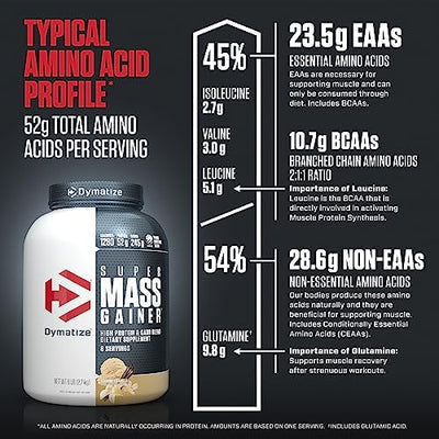 Dymatize Super Mass Gainer Protein Powder, Gourmet Vanilla, 52g Protein, 1g Creatine, 1280 Calories, 10.7g BCAAs, 245g Carbs, Contains Whey Protein Powder, Isolate, and Casein (8 Servings)
