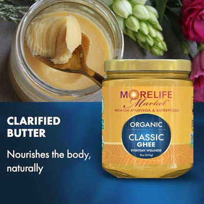 MoreLife Market Organic Classic Ghee | Traditional Ayurvedic Clarified Butter for Cooking & Wellness | Digestion & Skin Health – Lactose-Free, Preservative-Free | Ayurvedic Ghee – 9oz