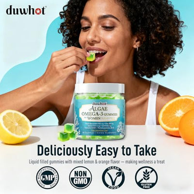 duwhot Vegan Omega-3 Gummies for Women, Algae DHA & EPA 1000mg, with CoQ10, Astaxanthin, Fish Oil Supplement Alternative for Adults, Heart & Brain Health, 60 Count