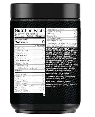 Sport Electrolytes Powder No Sugar, 500g (52 Servings) | Electrolyte Hydration Drink Mix with Sodium, Potassium, Magnesium, L-Glutamine, Beta Alanine, & Coconut Water – Passion Fruit & Mango Flavor