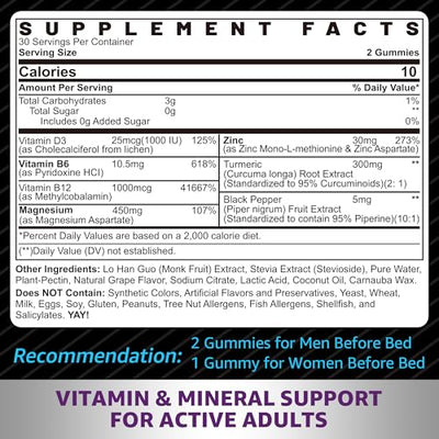Zinc and Magnesium Supplement, Zinc Magnesium Aspartate Post Workout Gummies for Men Women, with Vitamin B6, B12, D3, Turmeric for Nighttime Recovery, Reduce Fatigue, Boost Immunity & Sleep, 120 Count
