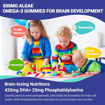 2 Pack Algae Omega 3 Gummies for Kids - 500mg with DHA, Phosphatidylserine, Vitamin D3 & K2 - Sugar Free DHA Supplement for Brain& Eye - Fish Oil Alternative - Vegan, 120 Count