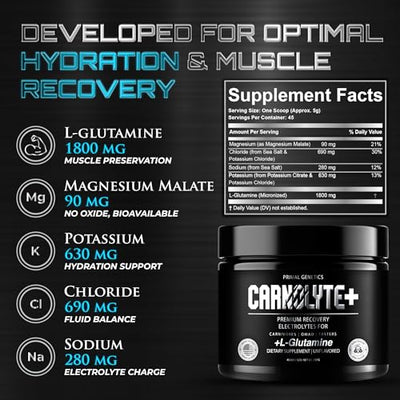PRIMAL GENETICS CARNOLYTE+ Carnivore Electrolytes Powder Unflavored – Fasting Salts - Cellular Hydration, Gut Support & Muscle Preservation – Zero Sugar, Carb Free Keto Electrolytes – 45 Day Supply