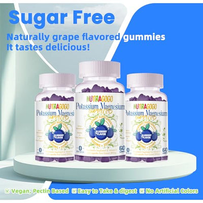 Potassium Magnesium Gummies,Potassium Supplement w/Ashwagandha,High Absorption Magnesium Glycinate,B6,D3,Potassium Citrate for Leg Cramps,Muscle,Electroyte for Adults Kids,Sugar-Free, 60 Gummies