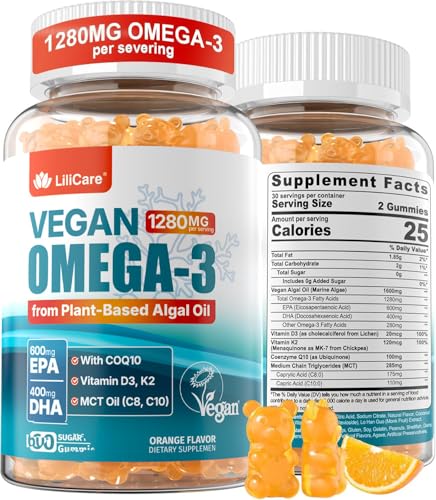 Vegan Omega-3 Gummies 1280mg + CoQ10 + Vitamin D3 K2 (MK7), Omega 3 Fish Oil Alternative for Adults w/EPA 600mg DHA 400mg & MCT Oil, No Fish Taste from Marine Algae, for Brain, Eye, Immunity, 1 Pack