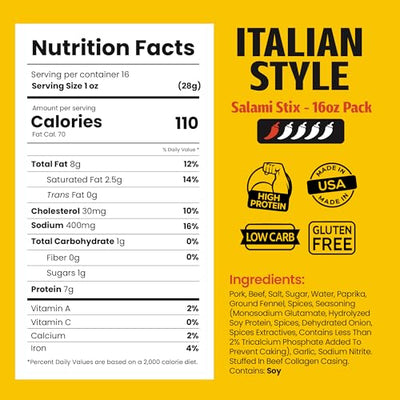 Long John Snacks Dried Salami Sticks - High Protein Smoked Meat Sticks Bulk Pack - Handcrafted From Fresh, Never-Frozen Cuts of USA Beef and Pork - Low Carb, Keto Snacks - Italian, 16 Oz