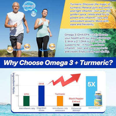 Vegan Omega-3 Gummies 1000mg + Turmeric - Omega 3 Fish Oil Alternative for Adults - Algae DHA 600mg & EPA 300mg, Vitamins A, C, E, Zinc & MSM, Sugar Free, 60 Cts