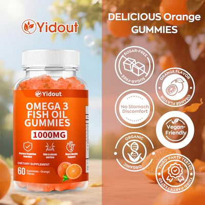 Yidout Omega 3 Fish Oil Gummies, Delicious Orange Flavor Fish Oil Gummy Supplements for Joint, Heart Health, & Brain Support (60 Count（Pack of 2）)