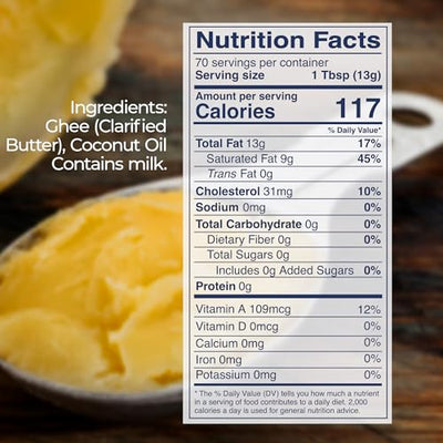 Kevala Coconut Ghee - Made with Grass Fed Cows’ Milk, Lactose-Free and Casein-Free Alternative to Butter, Unsalted Coconut Ghee for Cooking and Baking, Great for Grilling Vegetables and Meats, 2 lb