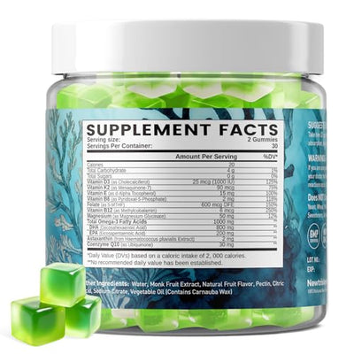 duwhot Vegan Omega-3 Gummies for Women, Algae DHA & EPA 1000mg, with CoQ10, Astaxanthin, Fish Oil Supplement Alternative for Adults, Heart & Brain Health, 60 Count