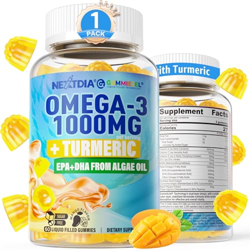 Vegan Omega-3 Gummies 1000mg + Turmeric - Omega 3 Fish Oil Alternative for Adults - Algae DHA 600mg & EPA 300mg, Vitamins A, C, E, Zinc & MSM, Sugar Free, 60 Cts