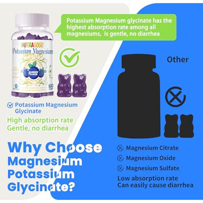 Potassium Magnesium Gummies,Potassium Supplement w/Ashwagandha,High Absorption Magnesium Glycinate,B6,D3,Potassium Citrate for Leg Cramps,Muscle,Electroyte for Adults Kids,Sugar-Free, 60 Gummies