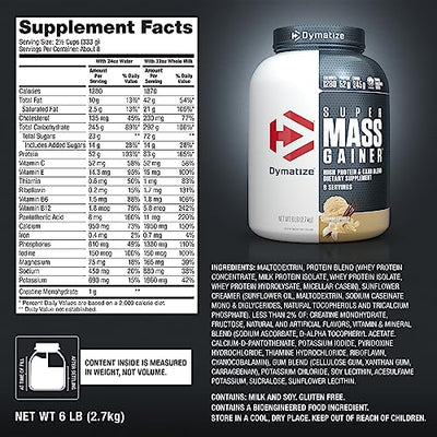 Dymatize Super Mass Gainer Protein Powder, Gourmet Vanilla, 52g Protein, 1g Creatine, 1280 Calories, 10.7g BCAAs, 245g Carbs, Contains Whey Protein Powder, Isolate, and Casein (8 Servings)