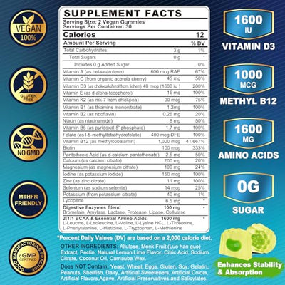 Methylated Multivitamin for Men Gummies, BCAA Amino Acids, Zinc, Daily Vitamin A C D3 E K2 B Complex, Calcium, Magnesium, Lycopene, Digestive Enzymes - Energy, Immune, Muscle- Sugar Free, Vegan, 60Cts