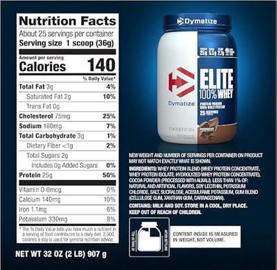 Dymatize Elite 100% Whey Protein Powder, Chocolate, 25g of Protein, 5.5g BCAAs, Less Than 140 Cal., Gluten Free, 3g Carb, 2g Sugar, 3g Fat (25 Servings)