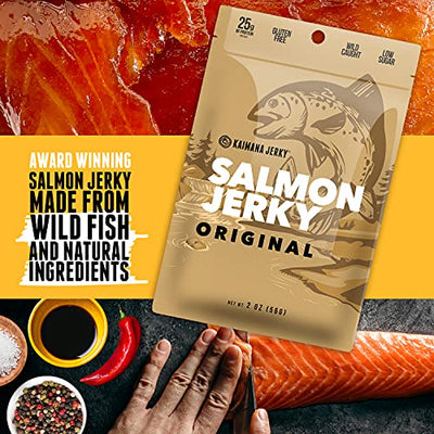 Kaimana Jerky Wild Caught Salmon Jerky - Organic Gourmet Smoked Dried Fish Strips Rich in Omega-3 & Protein - Low-Calorie Snack with No Gluten, Less Sodium & Sugar - Original Flavor - 2oz Pack