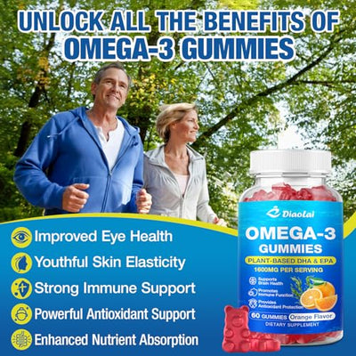 Vegan Omega-3 Gummies for Adults – Sugar-Free, Algae-Based DHA 600mg & EPA 300mg, with Vitamins A, C, E, Zinc – Omega 3 Fish Oil Alternative, 60 Count