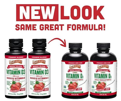 Barlean's Pack of 2 Vitamin D3 Liquid Supplement for Kids and Adults, 5000 IU Vitamin D, Strawberry Milkshake, Non-GMO, Gluten and Dairy Free, 5.6 oz Each