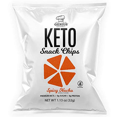Genius Gourmet Protein Keto Chips, Low Carb, Premium MCTs, Gluten Free, Keto Snack (Spicy Nacho), pack of 8, 1.13 oz. (32 g) each