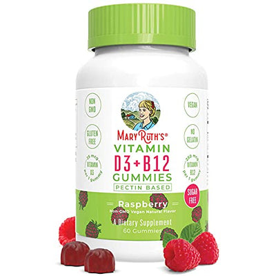 Vegan Vitamin D3+B12 Gummy (Sugar Free) by MaryRuth's | 2 Month Supply | Made w/Organic Ingredients Non-GMO Vegan Gluten Free for Men, Women & Kids 1000 IU Vitamin D3 & 250 mcg Vitamin B12 (Raspberry)