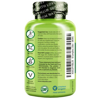 NATURELO B Complex - Whole Food Complex with Vitamin B6, Folate, B12, Biotin - Supplement for Energy and Stress - High Potency - Vegan - Vegetarian - Non GMO - Gluten Free - 120 Capsules