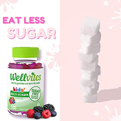 Wellvites Kids Multivitamin Sugar Free, Vegan Gummy Vitamins: Sweetener Free, Gelatin Free and Non-GMO, 60 Count (30 Day Supply)