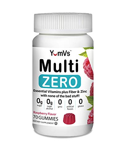 Multi Zero Multivitamin Gummies by YumVs | Keto Friendly Sugar Free Supplement for Women & Men | Vitamin C, A, D3, E, B6 + Fiber & Zinc | Natural Raspberry Flavor Chewables-70 Count