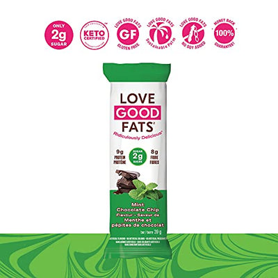 Love Good Fats Bars – Mint Chocolate Chip – Keto-Friendly Protein Bar with Natural Ingredients – Low Sugar, Low Carb, Non GMO, Gluten & Soy Free Snacks for Ketogenic Diets – (12 Count)