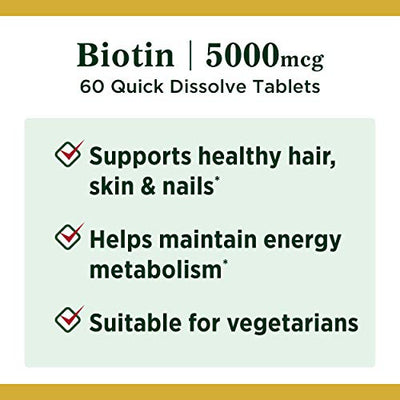 Nature’s Bounty Biotin Supplement, Supports Healthy Hair, Skin and Nails, 5000mcg, 60 Tablets