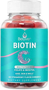 Biotin Gummies with Hair MultiVitamins, Folate, Inositol - Supports Hair Growth, Skin, Nail, Vegan, Pectin Based - Strawberry Flavor (60 Count)