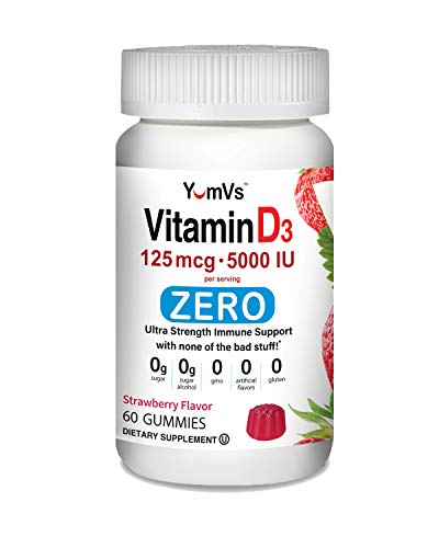 Vitamin D3 Zero Gummies by YumVs | Keto Friendly, Sugar Free Supplement for Women & Men | Suitable for Diabetics | 125 mcg – 5000 IU Vitamin D3 | Natural Strawberry Flavor Chewables - 60 Count
